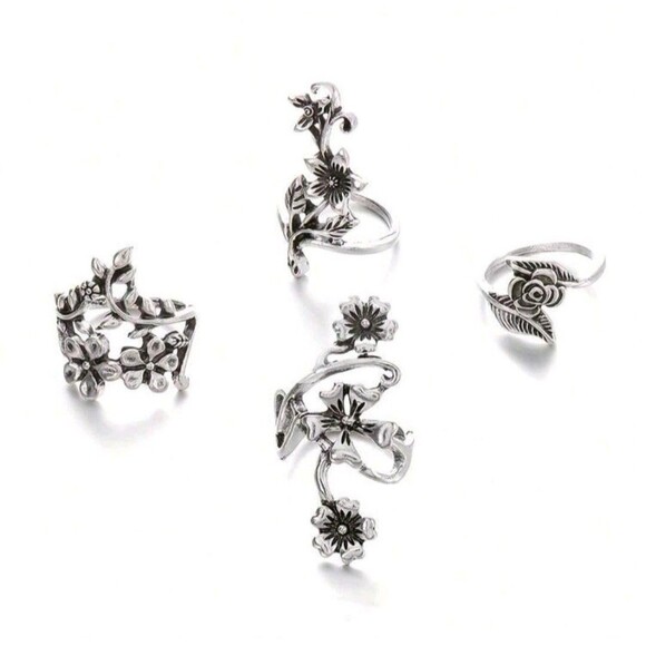 4 PC (Women's)-(Floral Ring Set)-(Silver)-(New)-(Ring Sizes Pitured)-$30.00 - Picture 3 of 5
